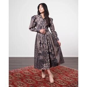 ULLA JOHNSON Lucinda Puff Sleeve Corduroy Button Collared Midi Dress Size 10